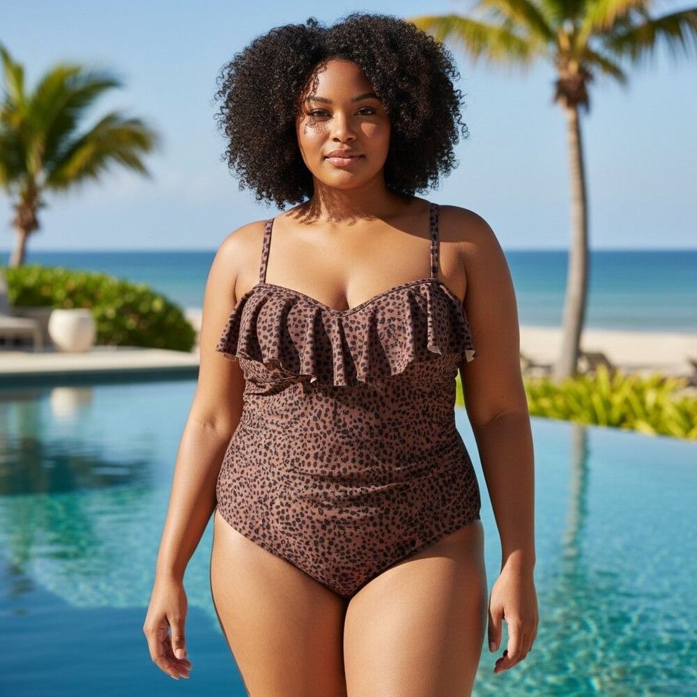 One Piece Swimsuit Size XL Brown Animal Print Ruffle Resort EUC